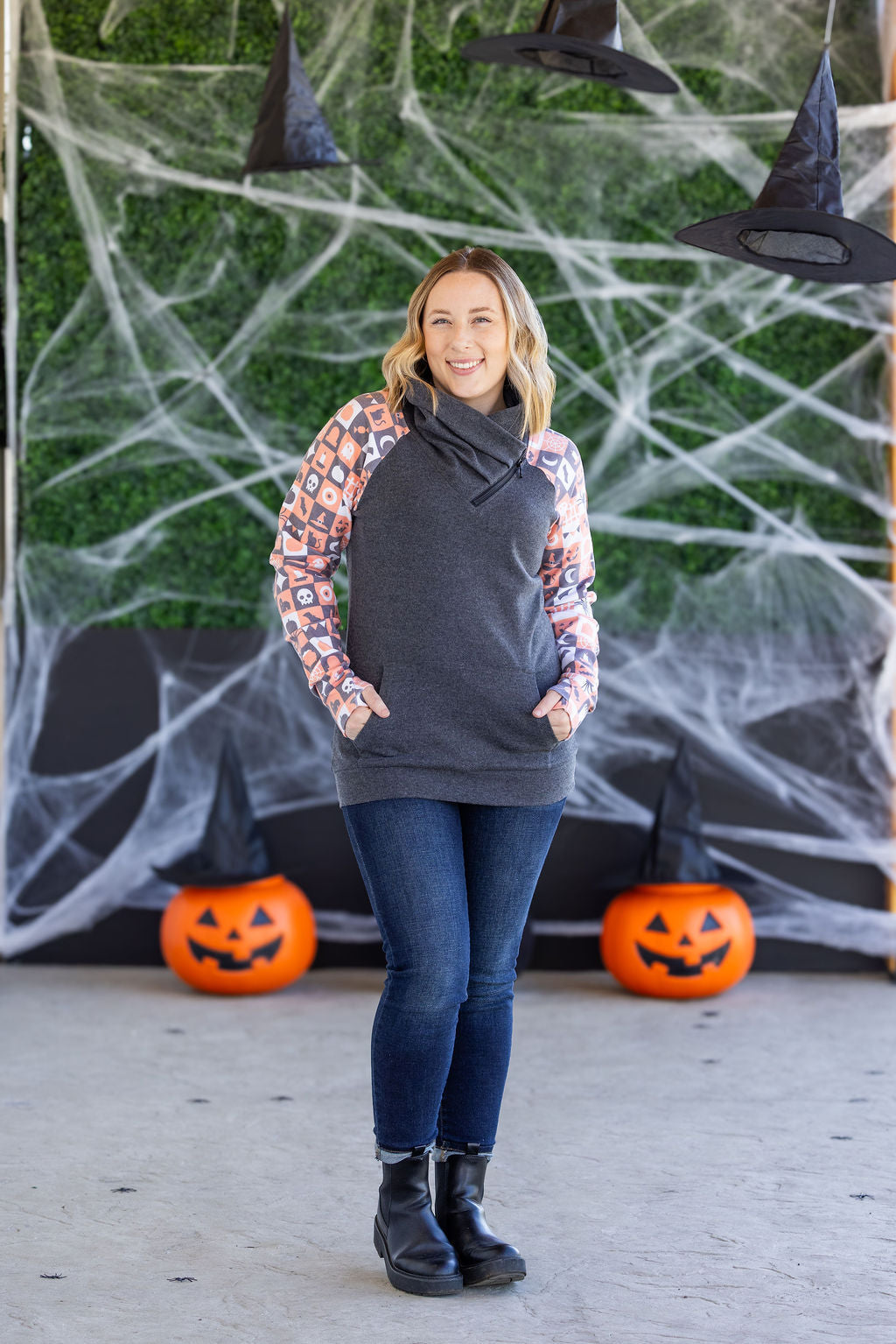 Zoey ZipCowl Sweatshirt -Trick-or-Treat Checkered and Charcoal